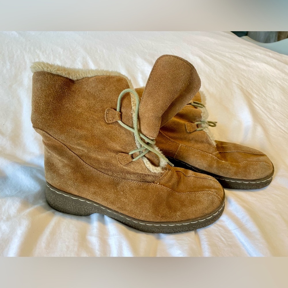 Bass Edson Winter Boots Tan Suede Leather Faux Fur Lining size 8.5